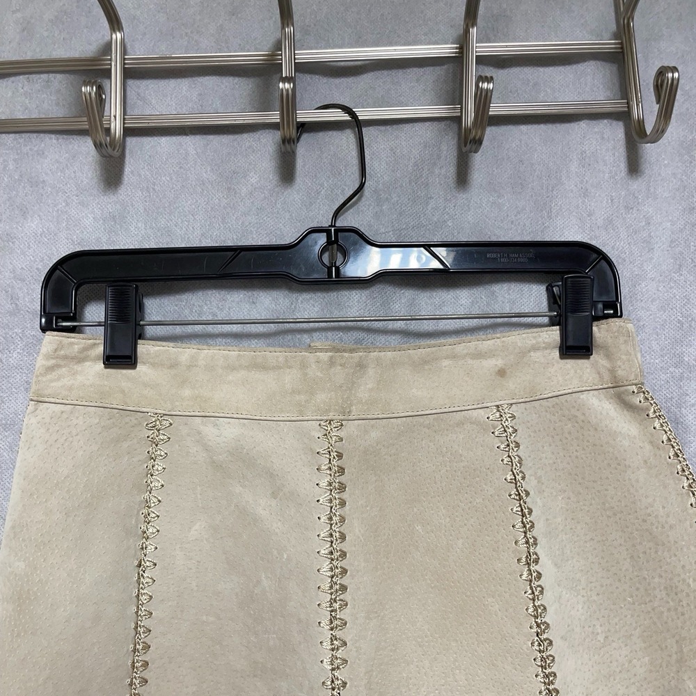 VTG Women Skirt 8 Beig Suede Leather Patch Festival Hippie Boho Maxi Crochet SMH